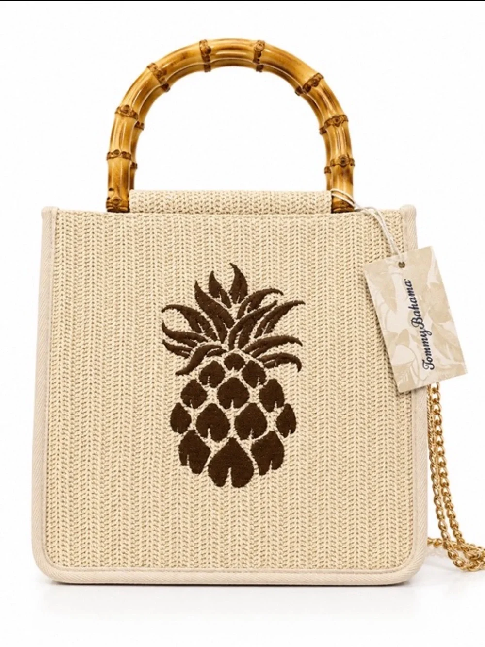 Tommy Bahama Pineapple Straw Bag Bamboo Handle Crossbody NWT